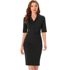 This sheath dress features a timeless and sophisticated design that never goes out of style. Its clean lines and tailored silhouette give it a polished and professional look, making it suitable for various business occasions. With its versatile design, this dress can easily transition from day to night. Pair it with heels and accessories for a formal business event. Fit for an office outfit. Elegant Fitted Dress With Suit Collar, Classic Solid Color Midi Dress For Semi-formal Occasions, Classic Tailored Dress For Formal Occasions, Notch Lapel Fitted Office Dresses, Classic Tailored Formal Dress, Classic Fitted Midi Dress, Classic Fitted Midi Dress For Semi-formal Occasions, Classic Dresses With Suit Collar For Workwear, Formal Fitted Dress With Suit Collar