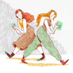 two women are walking side by side, one is holding a book and the other is wearing green pants