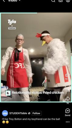 two people dressed up in costumes and one is wearing a fake chicken headdress