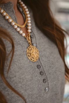 North Star Necklace – Brinker + Eliza Gold Pearl Necklace With Medallion Pendant, Gold Pearl Pendant Necklace In Medallion Shape, Gold Medallion Pearl Necklace With Pendant, Gold Pearl Necklace With Large Pendant, North Star Necklace, Wear Pearls, Brass Pendant, North Star, Star Necklace