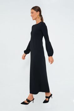 As cozy as a sweater and as chic as a dress, the Lennox will take you from clocking hours at the office to holiday cocktail parties with a quick switch of accessories. Crafted from a double knit fabric that's ultra slimming and even more comfortable, this minimalistic maxi is ready to be dressed up or down with its blouson sleeves and textured bodice details. Pair it with flats and gold hoops for effortless styling and a casual-cool vibe, or dress it up with heels and a clutch. Crewneck Long blo Evening Fitted Knit Sweater Dress, Elegant Stretch Knit Maxi Dress, Chic Knit Evening Dresses, Chic Knit Sweater Dress For Evening, Chic Knit Dress For Work, Elegant Knit Maxi Dress, Elegant Stretch Sweater Dress In Maxi Length, Elegant Stretch Sweater Dress For Night Out, Elegant Stretch Sweater Dress Maxi Length