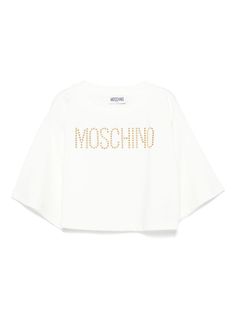 white cotton blend jersey texture studded logo detail to the front crew neck short sleeves straight hem cropped Kids Studs, Dress With Jean Jacket, Teen Boy Outfits, Moschino Kids, Baby Boy Accessories, Dolce And Gabbana Kids, Fly Girl, Stella Mccartney Kids, Suits Coats