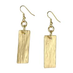 It's only natural to be attracted to these stunning Nu Gold Bark Drop Earrings. The contemporary rectangular shape is enhanced by a beautiful hand-chased bark texture that gleams in a rich gold color. Measures approximately 2 1/2 inches in Length x 1/2 inches in Width Nu Gold (Red Brass) Brass is sealed with a protective coating to prevent Tarnish 14K Gold-filled French Earwires, for pierced ears only Gift Boxed View our Portfolio Video of Nu Gold Brass Jewelry Hammered Gold Rectangular Jewelry, Gold Hammered Rectangular Jewelry, Gold Hammered Rectangular Earrings, Modern Hammered Rectangular Earrings, Elegant Hammered Rectangular Earrings, Elegant Rectangular Hammered Earrings, Gold Brass Rectangular Earrings, Gold Rectangular Brass Earrings, Nickel Free Rectangular Gold Earrings