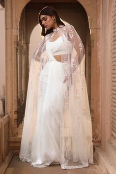 Shop for Dheeru Taneja Ivory Chinon Nazma Sheer Cape And Pre-draped Saree Set for Women Online at Aza Fashions Bhumika Sharma, Skirt Saree, White Sari, Sheer Cape, Net Embroidery, Drape Saree, Draped Blouse, Draped Skirt, Beaded Neckline