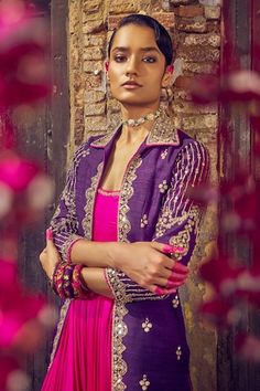 Gulabi gulaal anarkali with gold marodi, mirror embroidered neckline in leaf pattern. Paired with floral embroidered bangani jacket. - Aza Fashions Embroidered Purple Bollywood Anarkali Set, Purple Anarkali Set With Intricate Embroidery, Purple Cutdana Dola Silk Anarkali Set, Purple Anarkali With Motifs, Anarkali With Jacket, Purple Anarkali With Cutdana Detail, Embroidered Neckline, Pink Jacket, Silk Embroidery