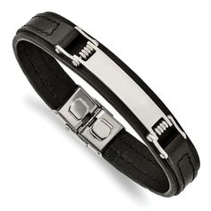 Wear this sleek and fashionable black leather ID bracelet to uplift your personal style. This 8.25-inch long and 13mm wide bracelet features 49.1x10.7mm stainless steel ID plate with brilliant polished finish for lasting shine. Comes with a fold-over catch clasp this bracelet is sure to impress. Size: 25 In. Color: White. Gender: male. Age Group: adult. Masculine Black Stainless Steel Bracelets, Black Stainless Steel Business Jewelry, Black Leather And Stainless Steel Adjustable Bracelet, Modern Leather Bracelet With Metal Black Band, Modern Metal Leather Bracelet With Black Band, Modern Stainless Steel Leather Bracelet For Formal Occasions, Silver Leather Bracelets For Business, Modern Black Bracelets For Business, Modern Black Rectangular Leather Bracelet