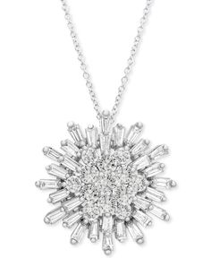 Shine brighter in this glamorous round-cut and baguette diamond starburst pendant necklace from Wrapped in Love. Dazzling White Baguette Diamond Necklace, White Diamond Pendant Necklace With Baguette Diamonds, White Diamond Baguette Pendant Necklace, Elegant Starburst Jewelry With Brilliant Cut, Elegant Starburst Brilliant Cut Jewelry, Formal Starburst Diamond Jewelry, Starburst Brilliant Cut Jewelry For Anniversary, Elegant White Starburst Jewelry, Starburst Pendant