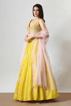 Shop for Salt and Spring Yellow Hand Embroidered Chanderi Lehenga Set for Women Online at Aza Fashions Embroidered Lehenga For Eid, Embroidered Sleeveless Lehenga For Eid, Sleeveless Embroidered Lehenga For Eid, Sleeveless Lehenga With Pallu For Eid, Sleeveless Choli With Dupatta For Diwali, Chanderi Lehenga With Zari Work, Semi-stitched Sleeveless Chanderi Choli, Sleeveless Cutdana Choli For Eid, Anarkali Style Lehenga With Dori Work