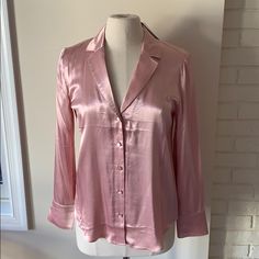 Women’s J. Crew Glossy Crepe Blouse In Dusty Pink Color. Size Small. Pajama Top Style. Perfect Condition- Tags Attached. Elegant Button-up Tops For Loungewear, Silk Blouse For Loungewear, Silk Long Sleeve Loungewear Blouse, Silk V-neck Tops For Loungewear, Silk Long Sleeve Blouse For Loungewear, Pink Fitted Blouse For Loungewear, Fitted Pink Blouse For Loungewear, Elegant Pink Top For Loungewear, Dark Green Blouse