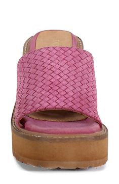 A shimmery woven strap adds a pop of color to a retro-chic sandal set on a stacked wedge heel. 3 1/4" heel; 1" platform Cushioned footbed Leather upper and lining/synthetic sole Imported Pink Synthetic Sandals With Woven Sole, Pink Sandals With Woven Sole, Synthetic Wedge Sandals With Woven Sole And Open Heel, Summer Wedge Sandals With Woven Leather, Summer Woven Leather Wedge Sandals, Casual Wedge Sandals With Woven Sole And Block Heel, Woven Leather Wedge Heels, Casual Woven Leather Wedge Heels, Woven Leather Open Toe Synthetic Wedge Sandals