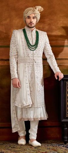 White and Off White color Sherwani in Art Silk fabric with Bugle Beads, Embroidered, Sequence, Stone work Dulha Sherwani, Long Choli Lehenga, Groom Sherwani, Sherwani For Men Wedding, Mens Wear Wedding, Sherwani Groom, Mens Sherwani, Silk Stoles, Sherwani For Men