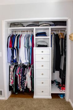 an organized closet with clothes and shoes on hangers, drawers, and other items