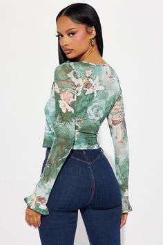 Available In Teal/combo. V-Neck Bell Sleeves Ruffle Trim Detail Floral Print Mesh Stretch Disclaimer: Pattern Placement May Vary. Body: 95% Polyester 5% Spandex Lining: 100% Polyester Imported | If He Wanted Ruffle Top in Teal size 2X by Fashion Nova Stretch Green Printed Top, Fitted Printed V-neck Top, Fitted V-neck Printed Tops, Fitted Green Tops With Floral Print, Fitted Green Floral Print Tops, Trim Detail, Ruffle Top, Matching Dresses, Ruffle Trim