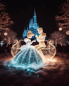 an illuminated disney castle in the sky