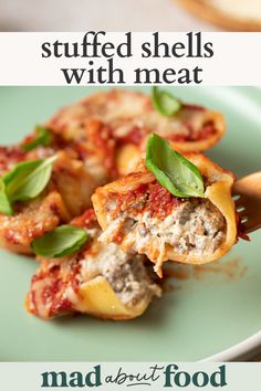 stuffed shells with meat are on a green plate and the title reads, mad about food