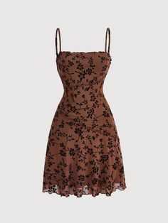 Coffee Brown Boho Collar Sleeveless Knitted Fabric Floral,All Over Print Cami Embellished Slight Stretch  Women Clothing Casual Brown A-line Mini Dress, Fitted Brown A-line Sleeveless Dress, Brown A-line Sundress, Brown Sundress For Party, Casual Brown A-line Sleeveless Dress, Fitted Brown Sleeveless Mini Dress, Brown Fitted Sleeveless Dress For The Beach, Fitted Brown Sleeveless Dress For The Beach, Brown Sundress Mini Dress For Party