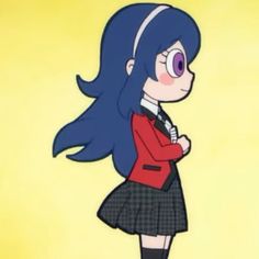 a cartoon girl with blue hair wearing a red jacket and black skirt standing in front of a yellow background