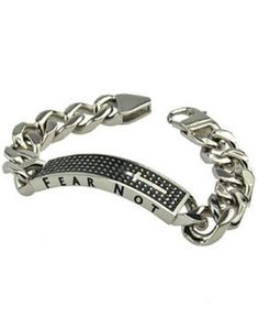 "Solid 316L stainless steel high polish bracelet with lobster clasp. Fully engraved on all 4 sides with black enamel filling. Top of Bracelet has cross and dot grill; side 1 has power point theme \"Fear Not\"; side 2 has scripture reference \"1 Corinthians 13:4-8\"; under side of bracelet has the verse wording \"Fear Not, For I Am With You; Do Not Be Dismayed, For I Am Your God. I Will Strengthen You And Help You; I Will Uphold You With My Righteous Right Hand\". Bracelet is 8\" in length (stand Silver Engraved Stainless Steel Wristband, Engraved Stainless Steel Silver Wristband, Silver Stainless Steel Wristband, Personalized Silver Stainless Steel Wristband, Power Point Theme, Scripture Jewelry, Under Side, Christian Bracelets, Men's Bracelets