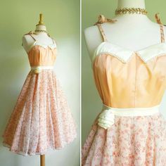 Peaches and cream and sweet as a dream 🍑 This vintage darling dress features straps that tie at the shoulders; a rustling taffeta bodice and lining; an ultra-full skirt with a sweet floral chiffon overlay; and a cream satin sash with a fabric rose and lacy accents at the sweetheart neckline. Peach perfection! Pictured on a US size 2/4 dress form with a crinoline to demonstrate fullness (not included); back nylon zip. This dress arrives professionally cleaned and ready to wear. Era: 1970s Label: Vintage Apricot Party Dress, Vintage Cream Dress For Prom, Vintage Apricot Dress For Wedding, Vintage Orange Dress For Garden Party, Vintage Peach Evening Dress, Vintage Apricot Wedding Dress, Vintage Cream Prom Dress, Vintage Peach Wedding Dresses, Peach And Cream