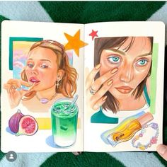 a person holding an open book with pictures of two women eating food and drinking juice