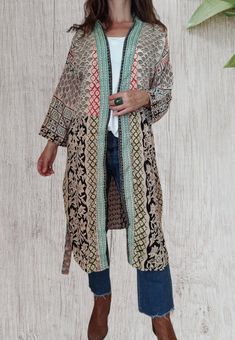 This is a beautiful versatile bohemian robe for women. You can wear it in any occasion with jeans, with a skirt, to be relaxed at home, as a beach cover up, as a  party jacket or just as a street-wear jacket. Make it part of your wardrobe ** PLEASE READ ** JACKET'S DETAILS: -Indian fabrics -closure: belt MEASUREMENTS, approx: -size: M -back (seam to seam): 62 cm / 24 in -length: 95 cm / 37 in -pit to pit: 53 cm / 20.5 in -sleeve length: 31 cm / 12 in -sleeve width: 16 cm / 6.5 in -armhole: 40 cm Spring Folk Long Kimono, Bohemian Spring Patterned Outerwear, Bohemian Patterned Spring Outerwear, Spring Bohemian Patterned Outerwear, Beige Long Bohemian Kimono, Beige Bohemian Long Kimono, Folk Style Summer Outerwear, Fall Boho Print One-size Kimono, Spring Festival Outerwear With Boho Print