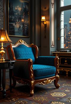 a blue chair sitting next to a table with a lamp on it