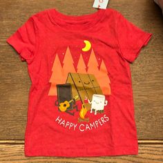 Cat & Jack Happy Camper T-Shirt Red Short Sleeve T-shirt For Outdoor, Fun Red T-shirt For Playtime, Red Graphic Print T-shirt For Playtime, Casual Red T-shirt For Outdoor Activities, Red Graphic Print Casual T-shirt, Red Cotton Tops For Outdoor Activities, Fun Short Sleeve Tops For Outdoor Activities, Red Crew Neck Top For Outdoor Activities, Red Short Sleeve T-shirt For Outdoors