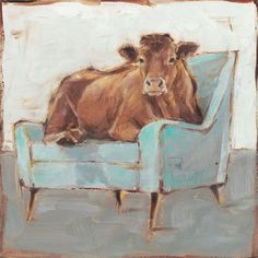 a painting of a brown cow sitting on a blue chair in front of a white wall