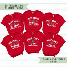 Spread some holiday cheer (and a few laughs!) with these funny matching Christmas t-shirts! Choose from a variety of hilarious sayings to create a unique and personalized look for your whole family. These soft and comfy tees are perfect for Christmas morning photos, holiday gatherings, or just lounging around the house in festive style.  - Unisex sizing. Fits true to size for most.  - All tees are matching red  - Soft, lightweight cotton tees  - Wide selection of funny Christmas sayings to choos Funny Holiday T-shirt With Graphic Print, Christmas Cotton T-shirt With Text Print, Novelty Christmas Crew Neck Top, Christmas Novelty Crew Neck Tops, Novelty Crew Neck Tops For Christmas, Funny Holiday Tops With Letter Print, Funny Christmas Crew Neck Top, Funny Christmas Holiday Tops, Funny Holiday Crew Neck Top