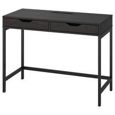 a black desk with two drawers on top and one drawer at the bottom, against a white background