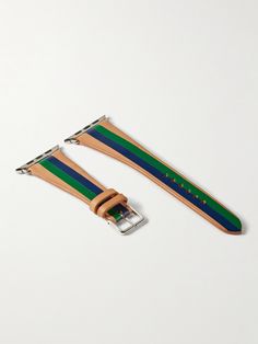 laCalifornienne's 'Ivy' watch strap is handmade from supple leather accented with bold striping. Compatible with the Apple Watch, it's fitted with a stainless steel pin-buckle fastening. laCalifornienne is an independent watch company and is not authorized, endorsed, sponsored by, associated with and/or affiliated with Apple Inc. Apple Watch & Apple are trademarks of Apple Inc. laCalifornienne’s watch straps are third-party products that are compatible for use with your own Apple Watch. We d Luxury Green Watch With Leather Strap, Luxury Green Watch Accessories With Leather Strap, Apple Inc, Watch Companies, Watch Straps, Leather Watch Strap, Mr Porter, Watch Strap, Luxury Watches