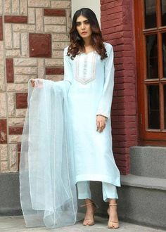 Beautiful ice blue hand embroidered salwar suit,the top has beads ,zari and sequin embroidery over the front and sleeves,it has matching pant and organza dupatta. ✨This dress can be customise in any other colour and in all size,please contact us regarding any changes if you want. ✨We use high quality fabric and threads for embroidery.You won't face any problem in future regarding fading of colour or anything. You can use this outfit for many years.  ✨We take little longer time to manufacture as we take lot of care while manufacturing the outfit. So that our customers get fully satisfied when they receive the dress. Your patience is important ✨There may be slight colour difference due to high quality camera resolution and other filters. Rest everything will be same.  🌸Wash Instructions: Dr Indian Plus Size, Pakistani Designer Dress, Designer Dresses Elegant, Chic Style Outfits, Embroidered Salwar, Suit Pakistani, Ice Blue Color, Shirt Trouser, Plus Size Formal