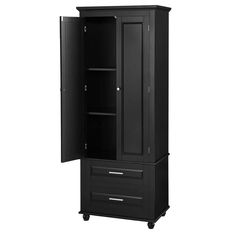 an armoire with drawers and shelves on wheels in black color, isolated against a white background