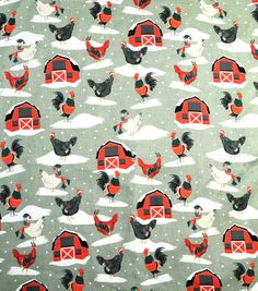 an image of chickens and roosters in the snow on a green background with red barns