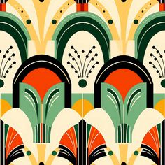 an art deco wallpaper pattern with arches and flowers in green, orange, yellow and red