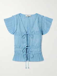 SEA Parcie plissé-poplin top | NET-A-PORTER Plisse Top, Blue Ruffle Top, Denim Flats, Buy List, Flat Dress Shoes, Floral Dresses Short, Poplin Top, Dress Flats, Sport Swimwear