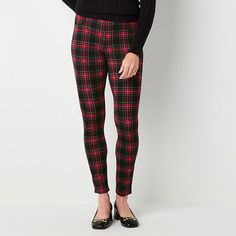 You'll feel holiday ready wearing this pair of red plaid pull-on pants by St. John's Bay. Crafted from stretch-ponte for a slim-fit, this ankle-length pair have a comfortable elastic waistband and back pockets. Wear it with a blouse or sweater. Front Style: Flat FrontClosure Type: Full ElasticFit: Slim FitPockets: 2 Back Patch PocketRise: At WaistBase Material: 86% Rayon, 11% Nylon, 3% SpandexFiber Content: 86% Rayon, 11% Nylon, 3% SpandexFabric Description: PonteLining: Partially LinedLining Ma Back Patch, Pants Color, Pull On Pants, Pants Black, Black Pants, Black Red, Must Haves, Full Length, Product Description