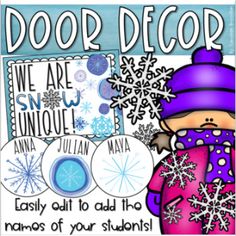 a poster with snowflakes on it that says door decor