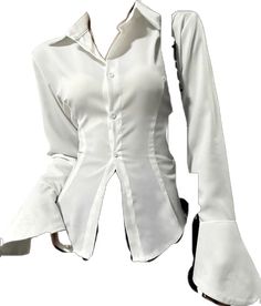 White Fitted Padded Blouse, Fitted White Padded Blouse, Fitted White Padded Blouse Shirt, Fitted Party Shirt With Padded Blouse, White Shirt Women, Flare Sleeve Top, Chiffon Shirts, Green Long Sleeve Shirt, Women Shirt Top