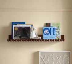 a shelf with books and stuffed animals on it