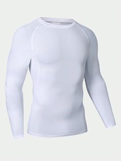 White  Collar Long Sleeve Knitted Fabric Plain  Embellished High Stretch  Men Activewear White Stretch Crew Neck Rash Guard, White Stretch Rash Guard With Crew Neck, White Stretch Rash Guard For Sports, Stretch Solid Color Rash Guard With Crew Neck, White Sporty Moisture-wicking Rash Guard, Solid Color Snug Fit Activewear With Crew Neck, White Long Sleeve Rash Guard For Sports, Sporty White Rash Guard With Crew Neck, White Sporty Crew Neck Rash Guard