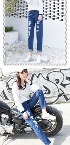 FREE SHIPPING Ripped Jeans Woman High Waist Boyfriend Jeans Pants JKP3644