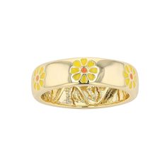 Charm yourself with this yellow and orange enamel daisy stacking band ring. Click on this JEWELRY & WATCHES GUIDE to learn about fit, styles, materials and more! Charm yourself with this yellow and orange enamel daisy stacking band ring. Click on this JEWELRY & WATCHES GUIDE to learn about fit, styles, materials and more! FEATURES Width: 6 mm Shank style: straight Band fit: comfort fit Metal: brass Plating: 14k gold Finish: polished Packaging: velvety pouch Color: Gold Tone. Gender: female. Age Yellow Enamel Ring, Yellow Enamel Round Jewelry, Spring Yellow Round Jewelry, Yellow Stackable Jewelry, Adjustable Stackable Enamel Ring, Yellow Enamel Flower Shaped Jewelry, Adjustable Stackable Yellow Jewelry, Yellow Flower-shaped Enamel Jewelry, Stacking Bands