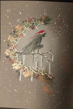 a drawing of a bird sitting on top of a tree branch with snow falling around it