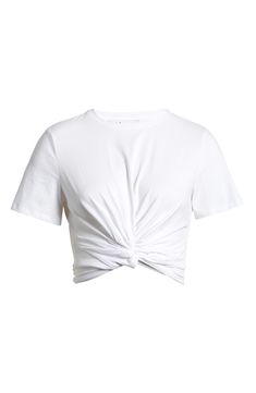 Show a bit of midriff in this cropped cotton T-shirt fashioned with elastic at the back to hold the trim look in place. Crewneck Short sleeves Back elastic waist 95% cotton, 5% spandex Hand wash, dry flat Imported Cotton Cropped Hem T-shirt For Summer, Summer Cotton Cropped Hem T-shirt, Summer Cotton Cropped T-shirt, Cotton Cropped T-shirt For Summer, White Cropped Cotton Top, White Cotton Cropped Hem Top, White Cotton Cropped Top, White Cropped T-shirt For Summer, Casual Cropped Hem T-shirt For Summer