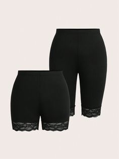 Plus Size Women 2pcs/Set Solid Color Lace Patchwork Leggings Black Casual    Plain Biker Shorts Medium Stretch  Women Plus Clothing, size features are:Bust: ,Length: ,Sleeve Length: Casual Sweatpants Outfit, Patchwork Leggings, Leggings Plus, Short Biker, Legging Plus Size, Hoodie And Sweatpants, Plus Size Leggings, Women's Shapewear, Workout Hoodie