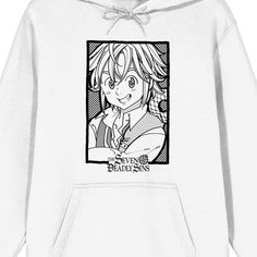 Dive into the legendary world of Seven Deadly Sins with this adult white long sleeve hooded sweatshirt. Featuring captivating manga art of Meliodas, this hoodie combines fandom pride with everyday comfort. The adjustable hood allows you to adapt to the weather, while the high-quality cotton and polyester fabric ensures lasting softness and durability. For best results, machine wash this hoodie on cold with like colors and tumble dry on low heat to keep the design vibrant. White Hooded Sweatshirt With Character Print, White Long Sleeve Sweatshirt With Anime Print, White Anime Hooded Sweatshirt, White Anime Style Winter Hoodie, White Anime Hoodie For Winter, Character Print Long Sleeve Hoodie, White Anime Print Hoodie With Long Sleeves, Character Print Long Sleeve Hoodie For Fan Merchandise, Character Print Long Sleeve Hoodie For Fans