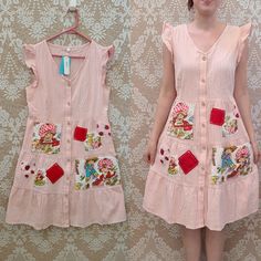 This Is A New With Tag Dress That I Upcycled By Sewing Patches And Vintage Strawberry Shortcake Fabric. It Is Soooo Cute!!! Very Country Chic! Size Large. Measures 36" Around Underarms, 33" Waist, Free Hips, And Is 38" Long. Sold As Is Which Is Upcycled. Final Sale. No Returns Or Refunds. Free Shipping. Pink Boho Dress, Sewing Patches, Pink Ruffle Dress, Upcycled Dress, Sewing To Sell, Upcycle Clothes Diy, Patch Dress, Vintage Strawberry Shortcake, Vintage Strawberry