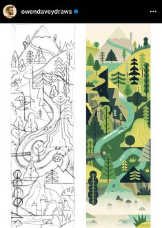 two different designs with trees and mountains in the background