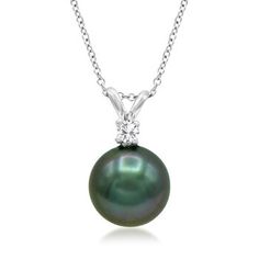 Ross-Simons - 8-9mm Black Cultured Tahitian Pearl Pendant Necklace, Diamond Accent. 18". Our dignified 8-9mm black cultured Tahitian pearl necklace makes an unmissable statement. The dramatic pearl pendant boasts exceptional iridescence amplified by a sparkling diamond accent above. Crafted in 18kt white gold. Suspends from a cable chain. Lobster clasp, black pearl pendant necklace. Tahitian pearls are unique and may vary. Pearl birthstones are the perfect gift for June birthdays. Classic Tahitian Pearl Drop Necklaces, Tahitian Pearl Necklaces For Anniversary, Tahitian Pearl Round Pendant Necklace For Anniversary, Tahitian Pearl Round Pendant Necklace For Formal Occasions, Formal Tahitian Pearl Necklace With Round Pendant, Classic Tahitian Pearl Drop Necklace, Classic Tahitian Pearl Necklace For Anniversary, Classic Round Tahitian Pearl Necklace, Classic Black Pearl Drop Necklace